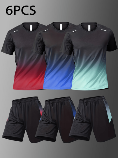 YINGHU 6pcs/Set Men Sports Outfit, Breathable Short Sleeve T-Shirt, Basketball Sportswear Set, Suitable For Running, Cycling, Fitness