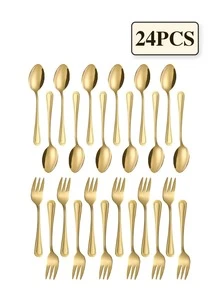 4/8/12/24/32pcs Dessert Fork & Spoon Set, Suitable For Dessert, Cake, Ice Cream, Fruit, Perfect For Birthday Party, Afternoon Tea, Holiday Celebration - Gold - View 9