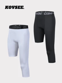 KOVSEE 2 Pcs Solid Color Tight Compression Leggings, Sports Basketball Training Left 7/4 Length & Right 5/8 Length, Breathable High Elasticity For Fitness Running