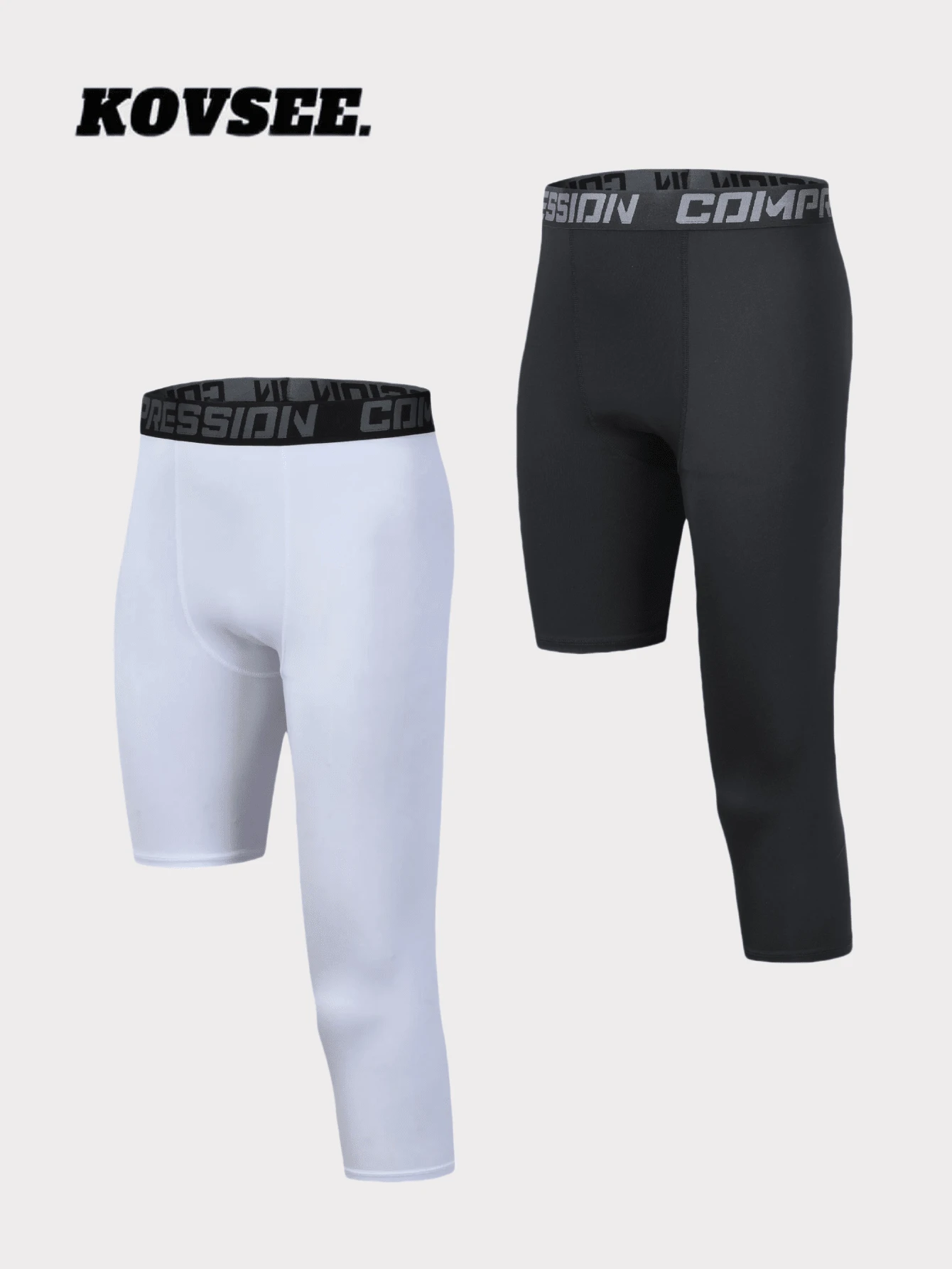 KOVSEE 2 Pcs Solid Color Tight Compression Leggings, Sports Basketball Training Left 7/4 Length & Right 5/8 Length, Breathable High Elasticity For Fitness Running