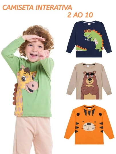 Kit 2 Camisetas em Meia Malha Premium Estampada com Interativo 2 ao 10- 100% Algodão