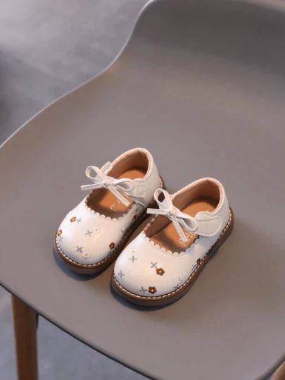 1 Pair Girls Bow & Tower Embroidered Design PU Soft Leather Princess Ballet Flats, Toddler Anti-Slip Lightweight Spring/Summer/Autumn/Winter Shoes