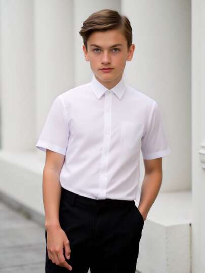 Classic Academia Style White Short Sleeve Formal Shirt For Teenagers, Casual Party Wear