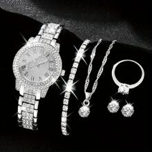 Relógio feminino moderno com 6 peças, escala romana, mostrador, strass, quartzo, ponteiros redondos, relógios femininos e acessórios de joias, colar, pulseira, brincos, conjunto de anéis, festa, casamento, presente, praia, férias, presente de dia dos namorados