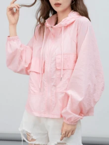 Women's Lightweight Pink Hooded Jacket - Breathable UV Protection, Long Sleeves, Casual Summer Jacket With Pockets, Polyester Fabric, Machine Washable, Lightweight Hooded | Loose Fit Jacket | Functional Pockets, Jackets