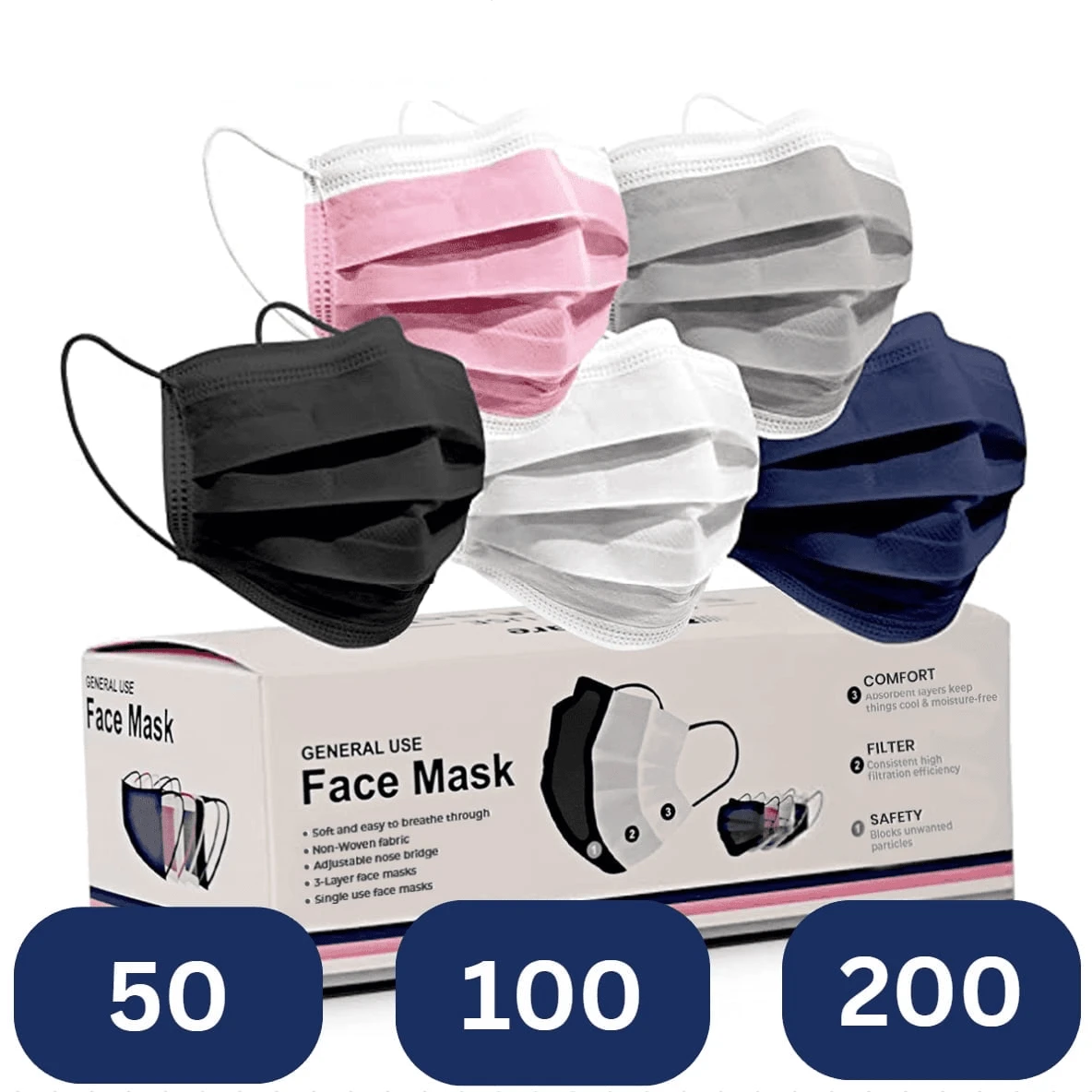 Protective Face Masks - Breathable 3 Layers Of Protection Multicolor Face Mask For Adults, 5 Colorful Mask Options In Packs Of 10 - 50ct Box, MAGICARE 5 COLORS (WHITE, BLK, NAVY, GRAY, PINK 10 EACH) (50/BOX)