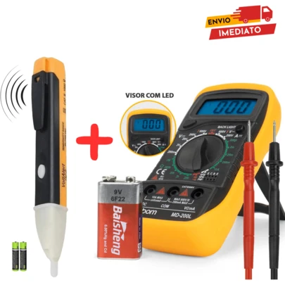 Kit 2x1 Multímetro Profissional digital com 3 dígitos painel Iluminado + Chave de Teste de Corrente