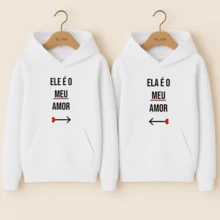 Moletom Canguru SOMENTE 1 PEÇA Unissex Agasalho Estamp Casal Ele é Meu Amor, Ela é Meu Amor Romântico Fofo Inverno - Feminino - Branco - Visão 3