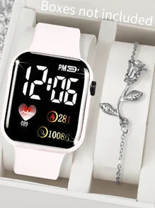 1 pièce Montre carrée numérique en forme de cœur pour femme style dessin animé et 1 pièce Bracelet pour femme. Cadeau de Saint-Valentin, de Noël, de remise des diplômes, montre électronique pour l'école, convient pour un port quotidien
