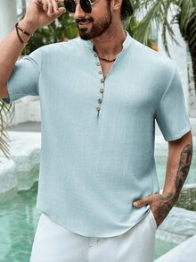 Áo Henley tay ngắn nam, cổ chữ V sâu, kiểu dáng retro tối giản thoải mái, nhiều nút cài, phù hợp cho các dịp thường nhật, du lịch và mặc hàng ngày. - Màu xanh nhạt - Xem 5