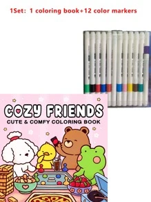 1pc COZY FRIENDS :42 Page Cozy Coloring Book [Cute] Kid Graffiti Painting Book Featuring Adorable Creatures Painting Book Montessori Drawing Toys Creative Gift .Easy To Color With Lines Coloring Book. Featuring Plants Coloring Book Adults[12 Color Marker Pen Set]