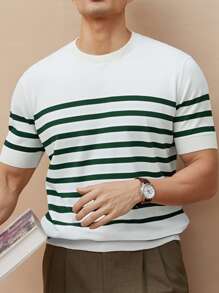Camiseta de cuello redondo de rayas tejida, minimalista, casual, para uso diario
