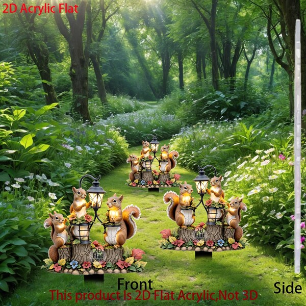1pc 2D Acrylic Multi-Functional Lively Garden Decor, Classic Fairy Tale 3 Cute Squirrels Design, Outdoor Holiday Decoration, Suitable For Potted Plants, Lawn Ground Insert, No Power Or Electricity Needed