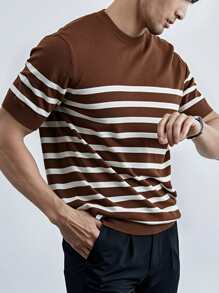 Tricou tricotat cu dungi și guler rotund, simplu și la modă, casual, de zi cu zi