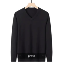 Men's Solid Wool Knit Sweater, V-Neck, Long Sleeves, Winter - Black - View 1