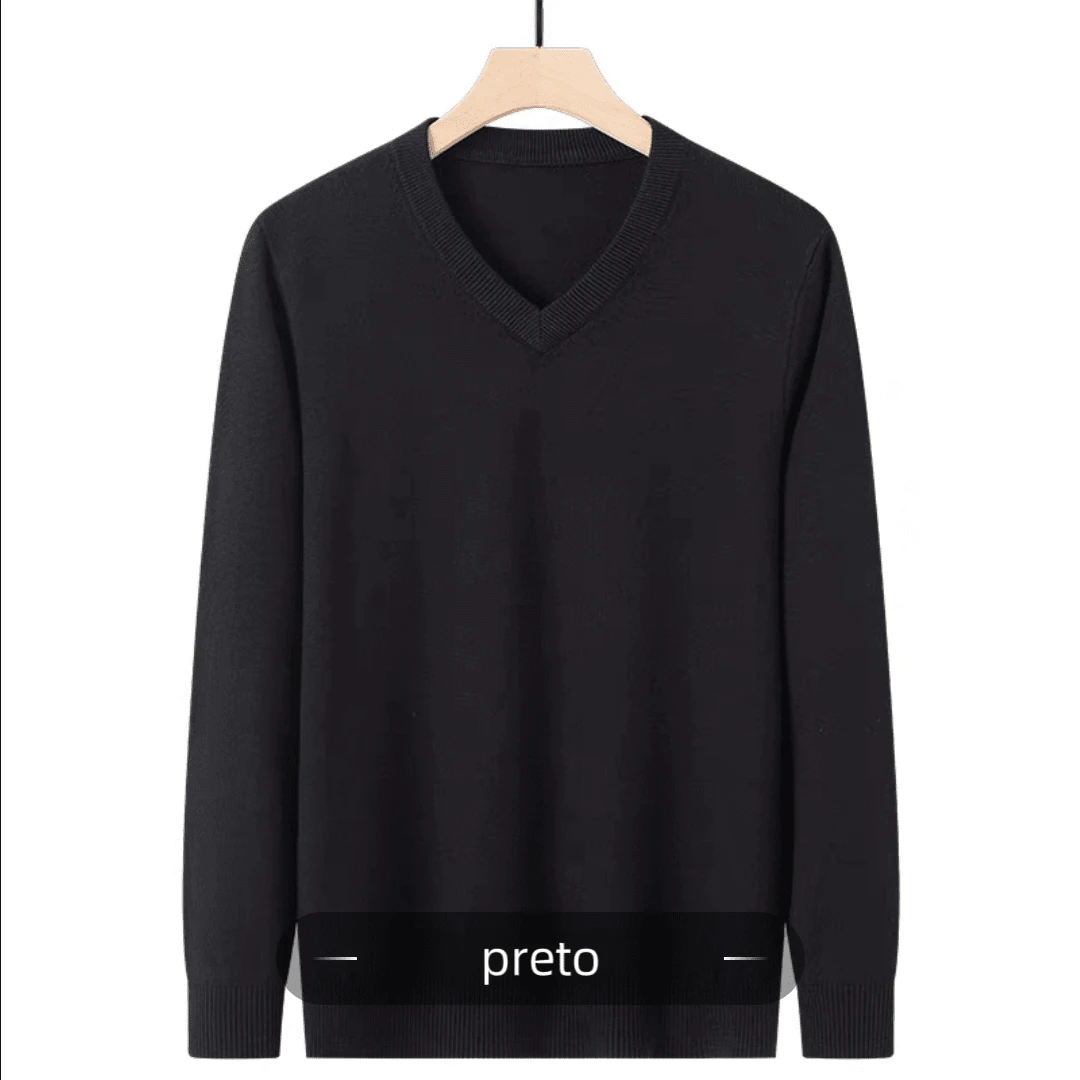 Men's Solid Wool Knit Sweater, V-Neck, Long Sleeves, Winter - Black - View 1