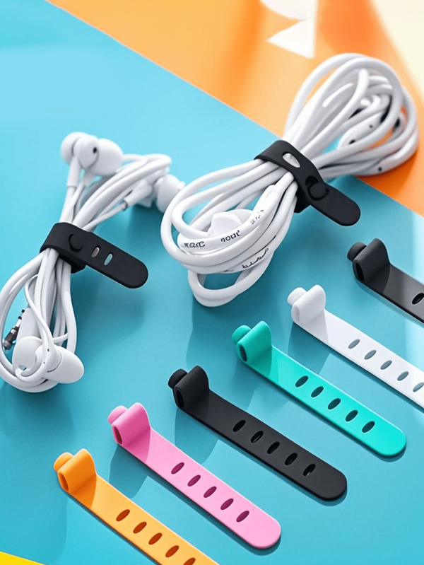 Kabelorganizer met 5 gaten van siliconen: houdt oordopjes, opladers en datakabels netjes opgeborgen en gemakkelijk toegankelijk! Herbruikbare kabelorganizer van siliconen voor het opbergen en beheren van kabels, met bandjes en multifunctionele clips, geschikt voor het bewaren van voedsel en het netjes houden van oordopjes. (Willekeurige kleur)
