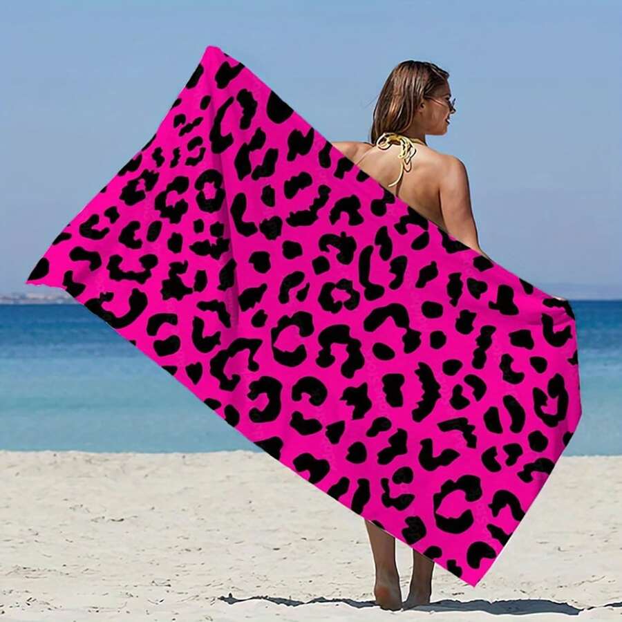 1pc Pink Leopard Print Beach Towel - Extra Large, Super Soft, Quick-Dry, Ultra-Fine Fiber Towel, Suitable For Beach, Pool, Bathroom - Versatile Summer Essential, Beach Blanket, Pool Accessory, Lightweight Fabric Travel Essentials Travel Accessories Beach Essentials - Multicolor - View 1