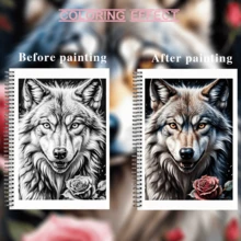 1 Book, Grey Wolf Portrait Coloring Book - (Adult Version) - Spiral Stress Relief Art Coloring Book, Perfect Gift For New Year, Spring Festival, Spring, Christmas, Valentine's Day! Brand New Heavy Stock (100g) 27 Pages (Cover & Back Included),Back To School,School Supplies - A4 - View 3