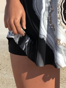 优雅女士心形领比基尼，后背采用抽绳和交叉绑带设计，中等弹力面料，短裤款式，打造休闲可爱度假海滩造型，黑色夏季 - 黑色 - 查看 5