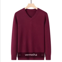 Men's Solid Wool Knit Sweater, V-Neck, Long Sleeves, Winter - 酒紅色 - 查看 1