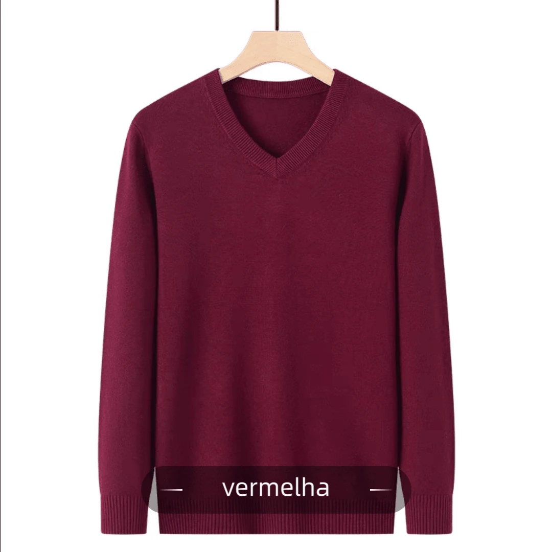 Men's Solid Wool Knit Sweater, V-Neck, Long Sleeves, Winter - Burgundy - View 1