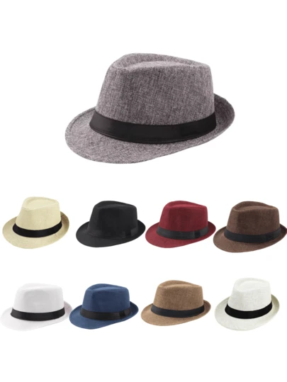 Men Classic Fedora Hat With Black Bands Short Brim Summer Hat Gangster Cosplays Party Costume Accessories