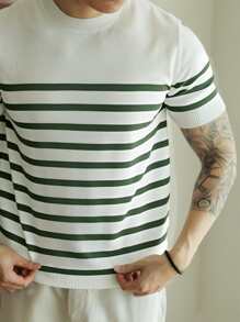 Camiseta de cuello redondo de rayas tejida, minimalista, casual, para uso diario