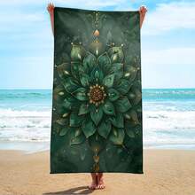 1pc Oversized Microfiber Mandala Beach Towel - Large, Quick-Drying, Soft, Green Lotus Flower Pattern With Gold Accents, Perfect For Beach, Bathing, Camping, Picnic And Holiday Essentials Travel Essentials Travel Accessories Beach Essentials - Multicolor - View 1