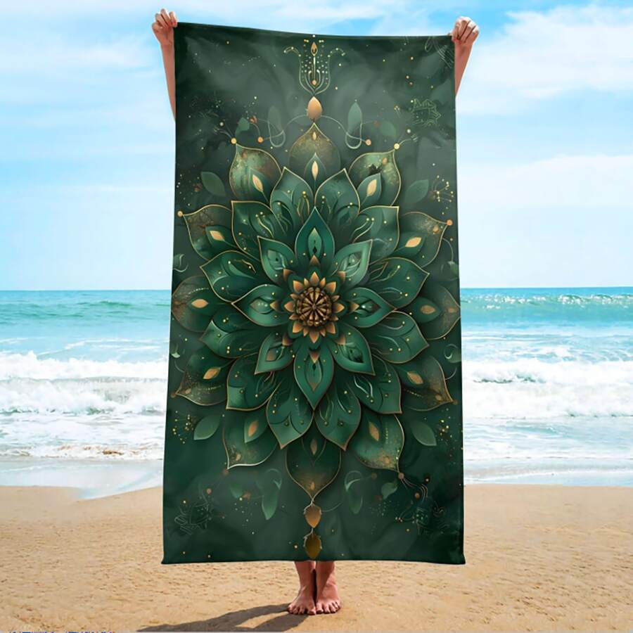 1pc Oversized Microfiber Mandala Beach Towel - Large, Quick-Drying, Soft, Green Lotus Flower Pattern With Gold Accents, Perfect For Beach, Bathing, Camping, Picnic And Holiday Essentials Travel Essentials Travel Accessories Beach Essentials - Multicolor - View 1