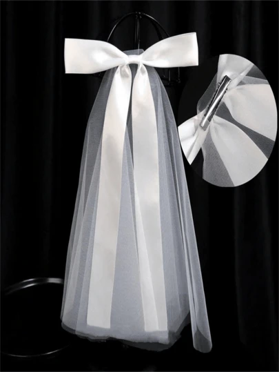 1件白色蝴蝶结设计优雅短款新娘头纱，适合婚礼、单身派对、街拍、情人节配饰