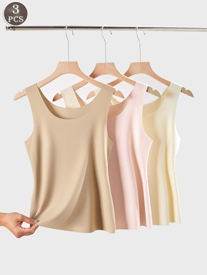 3PCS Women's Spring And Summer Ice Silk Seamless Cool Striped Suspender Vest, Sleeveless Round Neck, Wide Shoulder Strap, Stylish Outer Wear, Comfortable And Casual Bottoming Shirt Vest