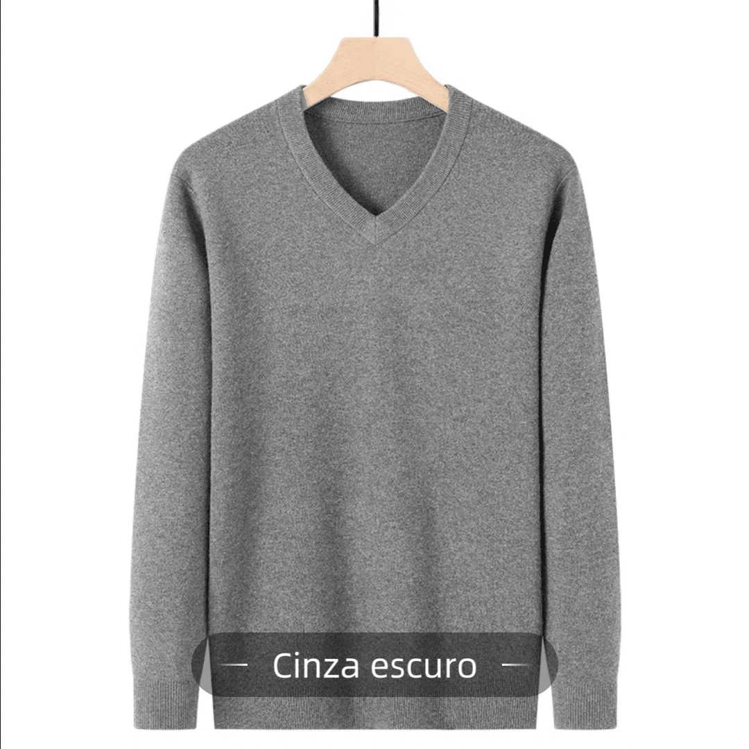 Men's Solid Wool Knit Sweater, V-Neck, Long Sleeves, Winter - Màu xám đen - Xem 1