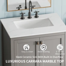 Simple-30" Freestanding Bathroom Vanity With Sink, Carrara Engineered Marble Vanity Top With Under-Mounted Rectangular Ceramic Sink, Large Storage Soft-Close Door, Solid Wood Frame, Grey 24V03-30GR-9630 - Multicolor - View 2
