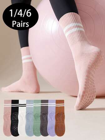 1 Pair/4 Pairs/6 Pairs Women Striped Yoga Socks, Silicone Non-Slip Grip Floor Socks For Indoor Sports & Fitness, Mid-Calf, Spring/Summer