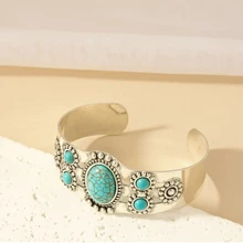 1pc Bohemian Vintage Style Exaggerate Turquoise Inlaid Metal Texture Adjustable Bangle Bracelet For Women