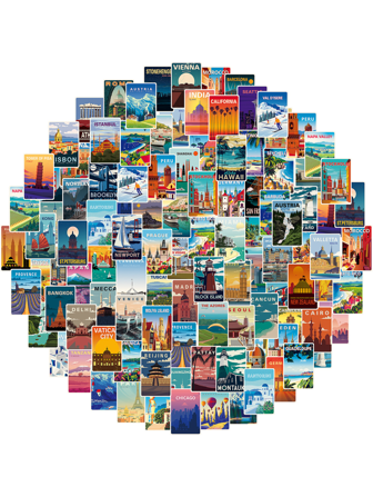 6张108张旅行风景涂鸦贴纸、全球个性风景贴纸、个性复古账号海报素材贴纸包、个性乙烯基防水贴纸、装饰笔记本、行李箱、电脑、手机壳、水杯、日记本、个性剪贴簿装饰、学校用品、返校