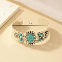 1pc Bohemian Vintage Style Exaggerate Turquoise Inlaid Metal Texture Adjustable Bangle Bracelet For Women
