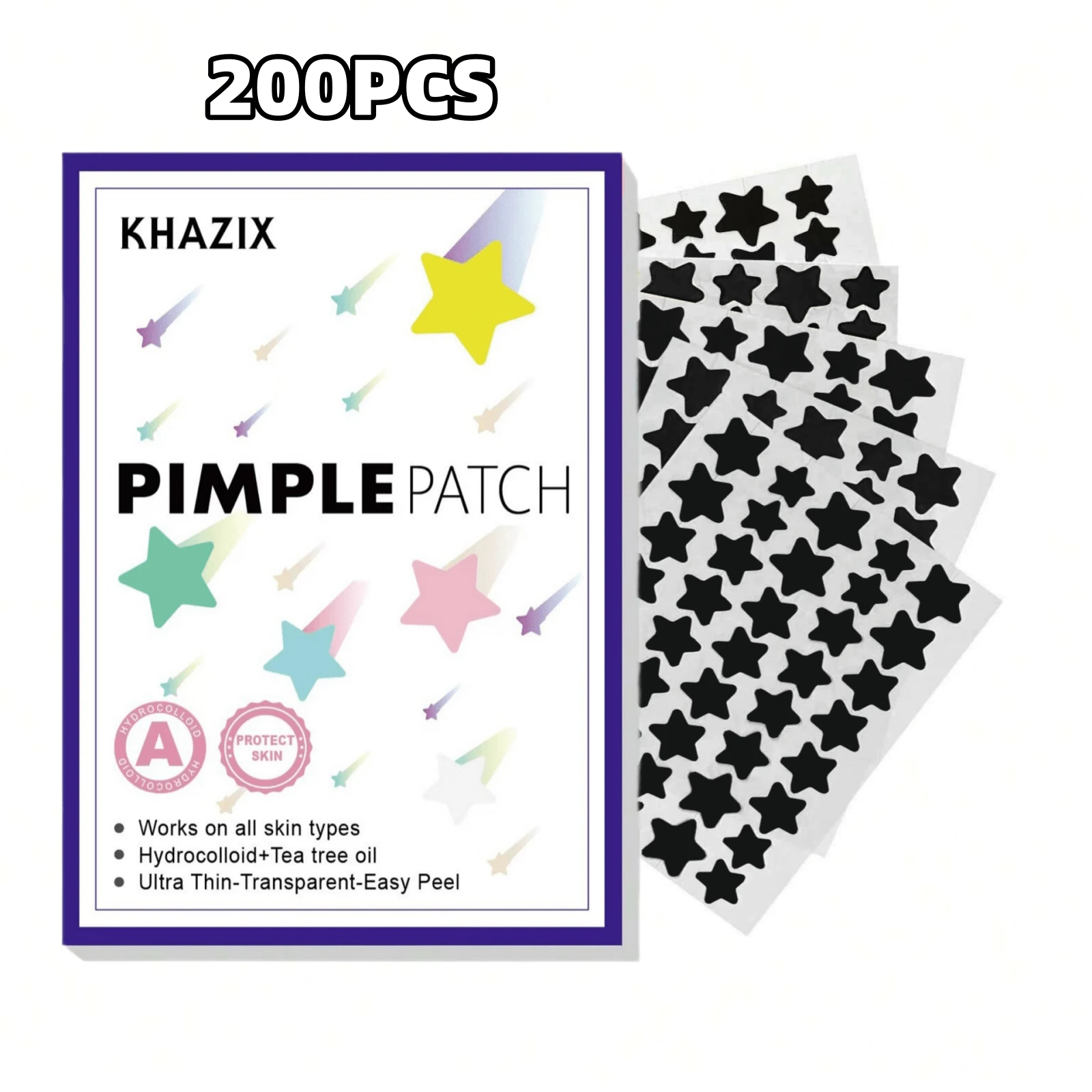 200 parches de acné con forma de estrella negra, calcomanías de Halloween, corrector facial, puntos de acné - Multicolor - Ver 1