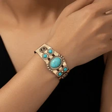 1pc Bohemian Vintage Style Exaggerate Turquoise Inlaid Metal Texture Adjustable Bangle Bracelet For Women