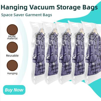 Hanging Vacuum Storage Bags 5 Packs, Space Saver Garment Bags 43.3 X27.6 Inch, Vacuum Seal Bags For Clothing For Jacket, Suits, Dress, Clothing, Space Saver Bags With Hookbedroom,Organizer,Home Storage,