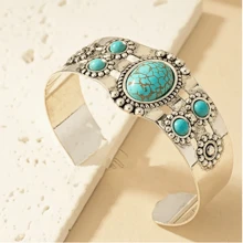 1pc Bohemian Vintage Style Exaggerate Turquoise Inlaid Metal Texture Adjustable Bangle Bracelet For Women