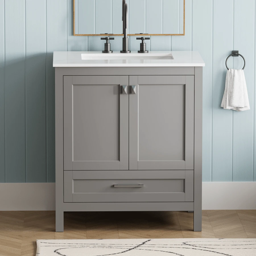 Simple-30" Freestanding Bathroom Vanity With Sink, Carrara Engineered Marble Vanity Top With Under-Mounted Rectangular Ceramic Sink, Large Storage Soft-Close Door, Solid Wood Frame, Grey 24V03-30GR-9630 - Multicolor - View 1
