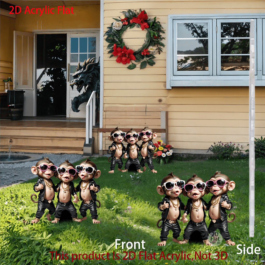 1pc 2D Acrylic Lively Garden Yard Decor, 3 Playful Monkey Figures, Outdoor Holiday Decoration, Suitable For Potted Plants, Ground Stake, No Electricity Required