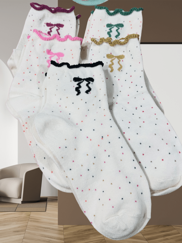 3/5 pares de calcetines para mujer de tobillo y media pantorrilla con estampado de lunares y lazos en colores negro, marrón, rosa, verde y rojo rosa, aptos para Halloween, vuelta al colegio, Día del Maestro, carnaval, Pascua, Ramadán, Día de la Mujer, casual de moda: cómodos, minimalistas casuales, casuales regulares, deportivos casuales, puros, románticos dulces, románticos minimalistas, campestres lindos, de transporte divertidos, diarios casuales, coreanos casuales: jóvenes, de fiesta de vacaciones deportivos, floreados, minimalistas, básicos, suaves, para primavera, verano, otoño e invierno