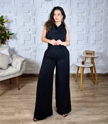 Conjunto Calça Pantalona e Blusa Com Decote Solto Elegante Social Esporte Fino Duna Bonito Versátil