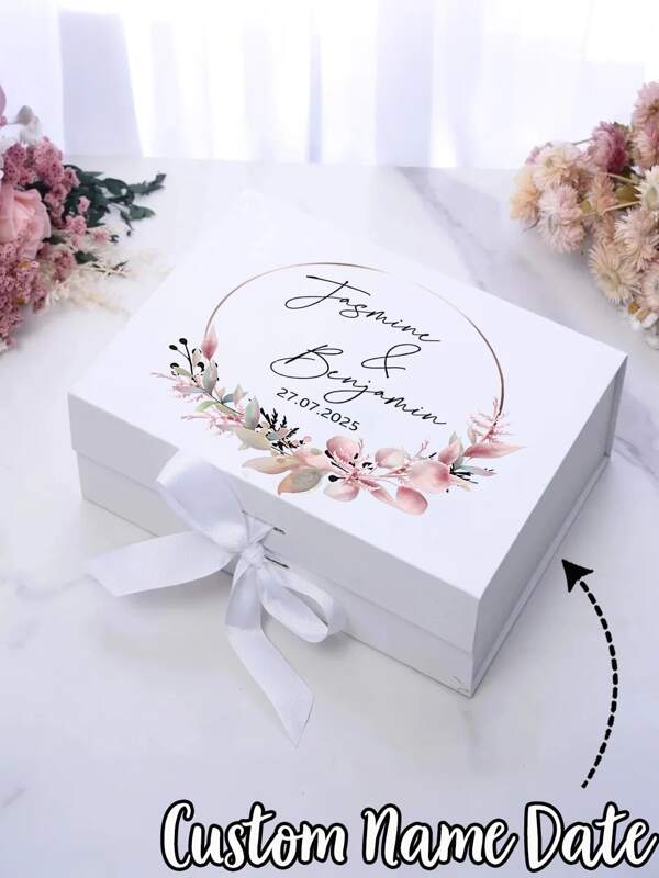 1 pieza - Caja de regalo con cinta personalizada para boda, caja de regalo plegable, caja de regalo magnética, caja de regalo con nombre y fecha personalizada, caja de regalo de dama de honor con nombre personalizado, caja de regalo con tapa y cinta personalizada, caja de regalo blanca, regalo de boda personalizado con caja de regalo de dama de honor y diseña tu propio cumpleaños, Día de San Valentín, regalo de novia, el regalo perfecto para tu boda, cumpleaños u otra ocasión