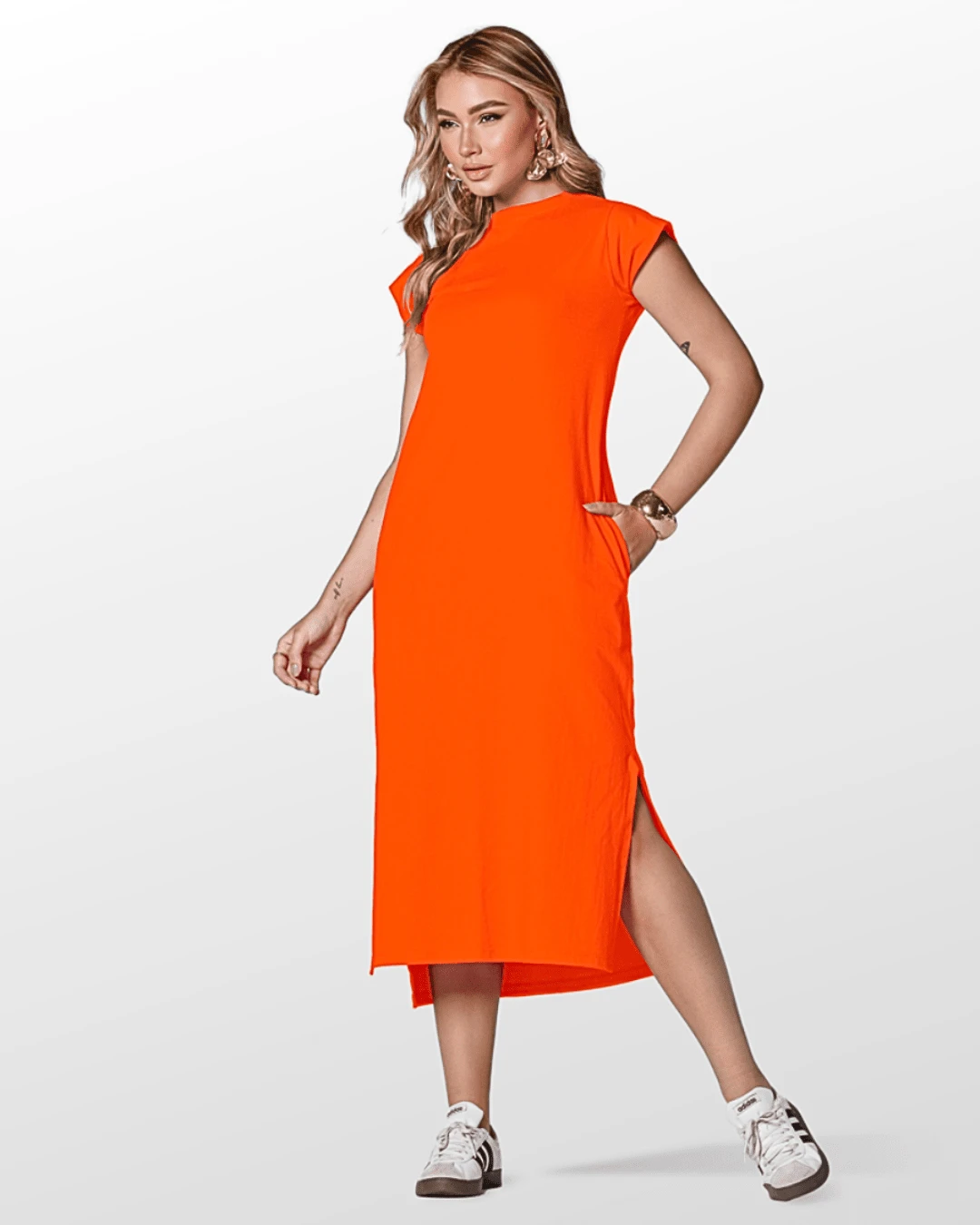 Basic Casual Muscle Knit Cotton Midi Dress - trái cam - Xem 1