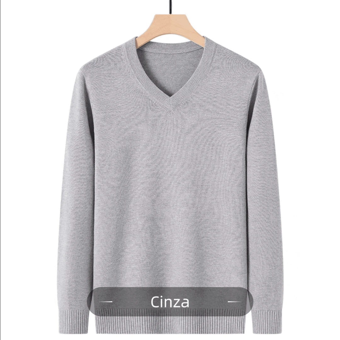 Men's Solid Wool Knit Sweater, V-Neck, Long Sleeves, Winter - Grey - View 1