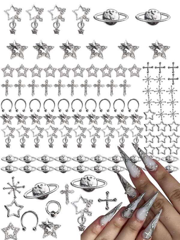 70 pezzi Decorazioni per unghie con stelle e strass, 3D, gemme, accessori per unghie da donna, argento, gioielli per unghie